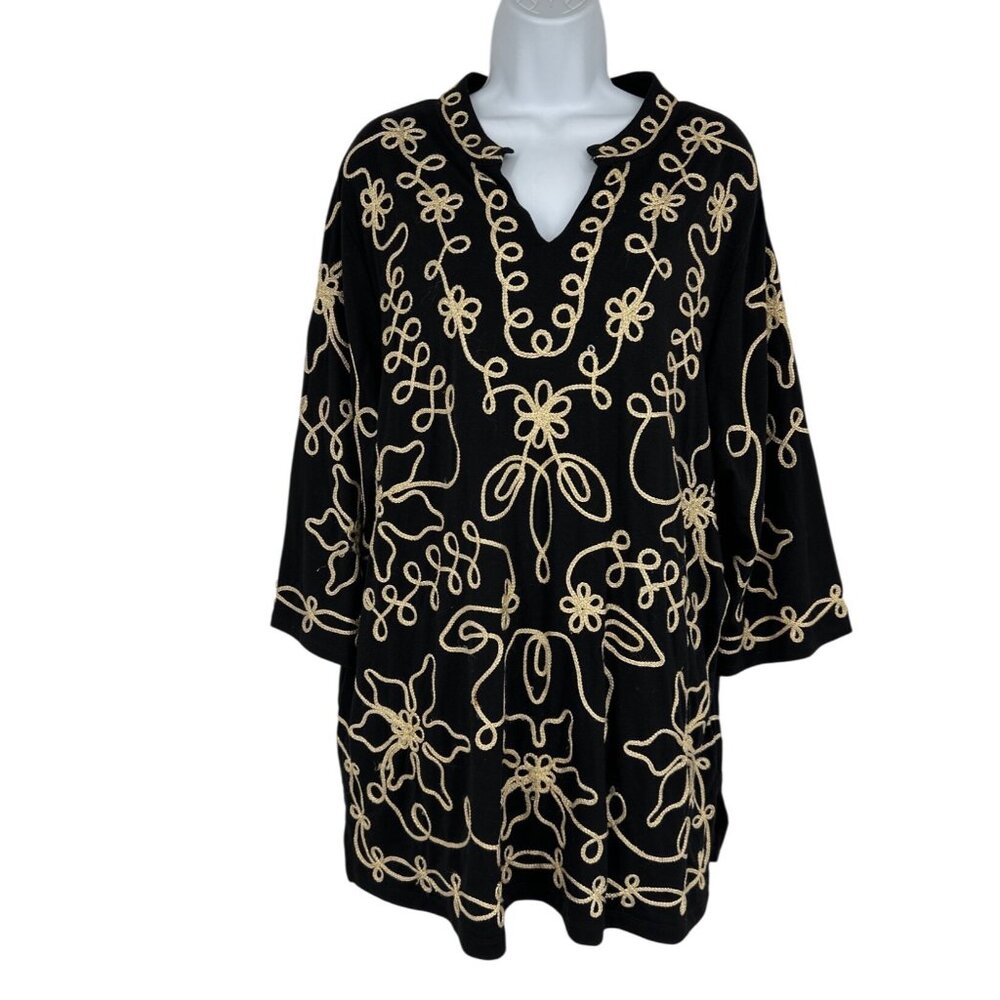 Catherines Black Tunic Top With Gold Floral Embroidery 3/4 Sleeves V-Neck Sz 1X